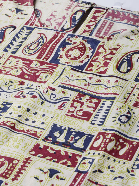 Beige With Multi Colored Abstract Print Kurta With Solid Navy Blue Pallazos | LASVINI - Redefining Indian Fashion with Elegance