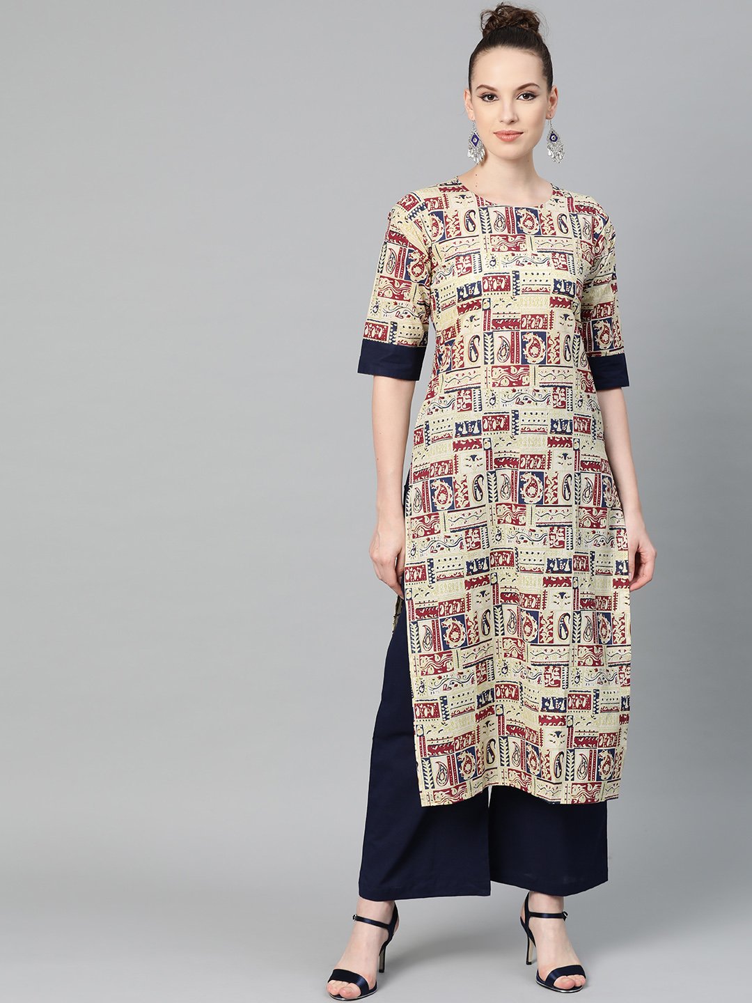 Beige With Multi Colored Abstract Print Kurta With Solid Navy Blue Pallazos | LASVINI - Redefining Indian Fashion with Elegance