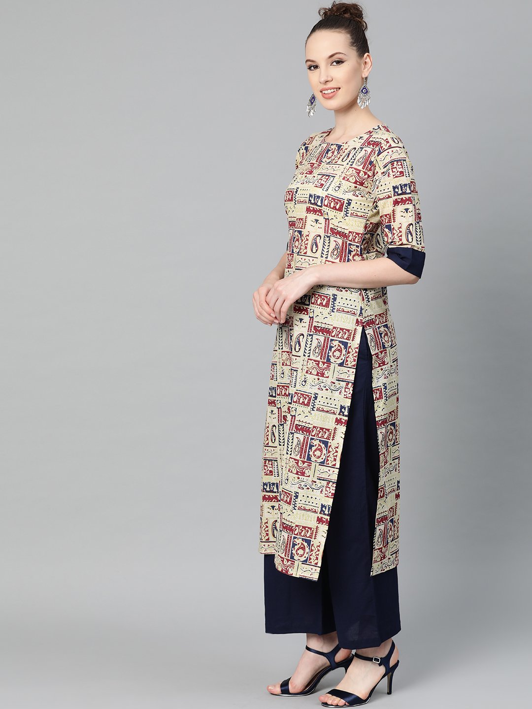 Beige With Multi Colored Abstract Print Kurta With Solid Navy Blue Pallazos | LASVINI - Redefining Indian Fashion with Elegance