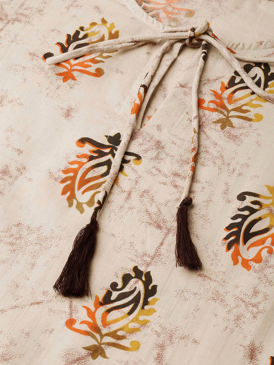 Beige With Multi Colored Floral Kurta With Solid Chocolate Brown Pants | LASVINI - Redefining Indian Fashion with Elegance