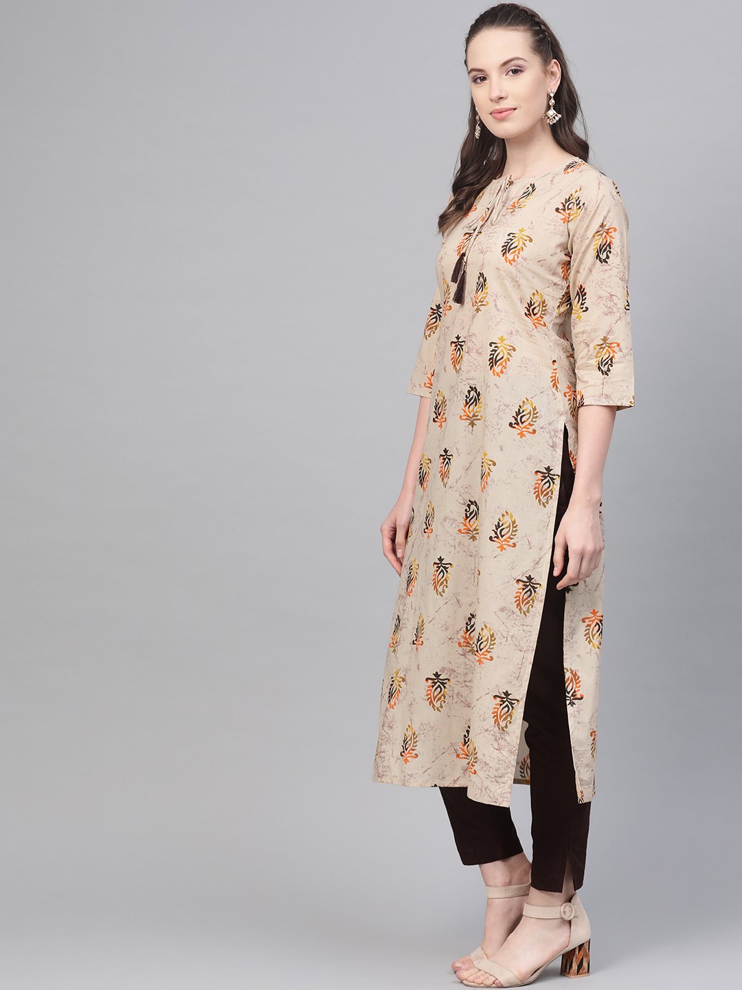 Beige With Multi Colored Floral Kurta With Solid Chocolate Brown Pants | LASVINI - Redefining Indian Fashion with Elegance