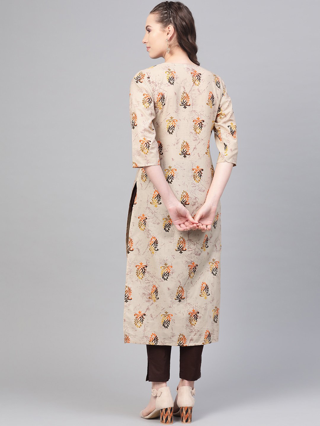Beige With Multi Colored Floral Kurta With Solid Chocolate Brown Pants | LASVINI - Redefining Indian Fashion with Elegance