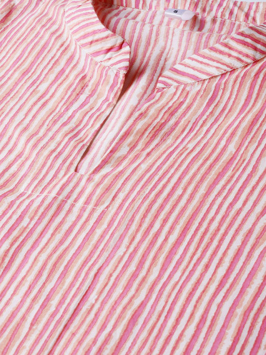 Pink & Off White Striped Printed Kurta With Solid White Pants | LASVINI - Redefining Indian Fashion with Elegance