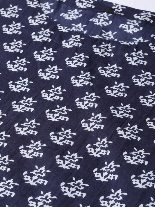 Navy Blue & White Floral Printed A-Line Cotton Kurta | LASVINI - Redefining Indian Fashion with Elegance