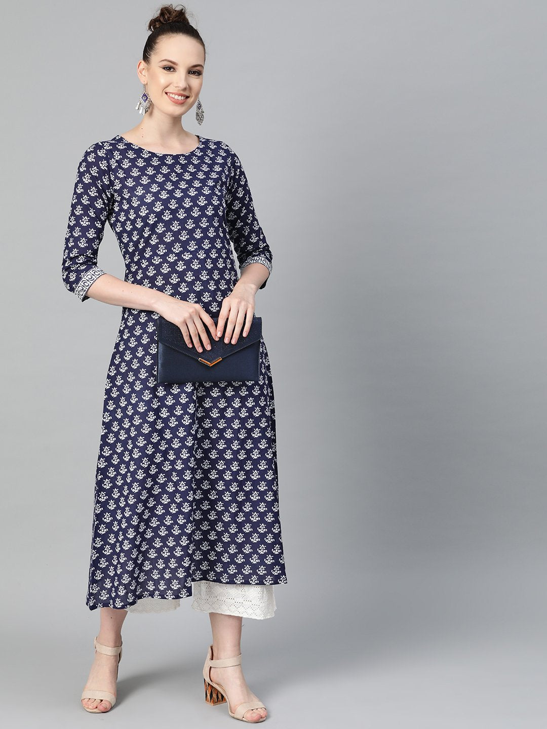 Navy Blue & White Floral Printed A-Line Cotton Kurta | LASVINI - Redefining Indian Fashion with Elegance