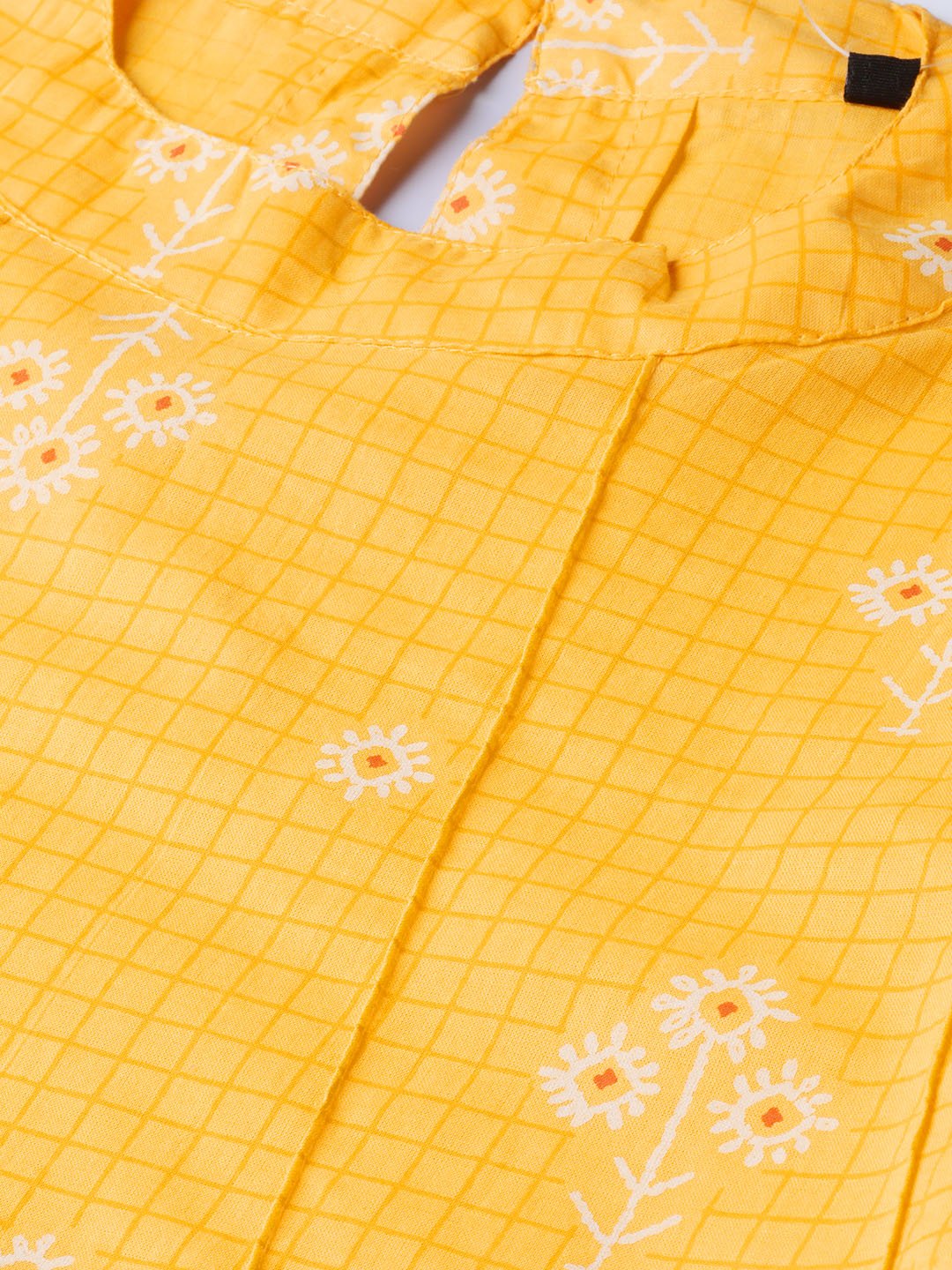 Yellow Floral & Checks Printed A-Line Top | LASVINI - Redefining Indian Fashion with Elegance