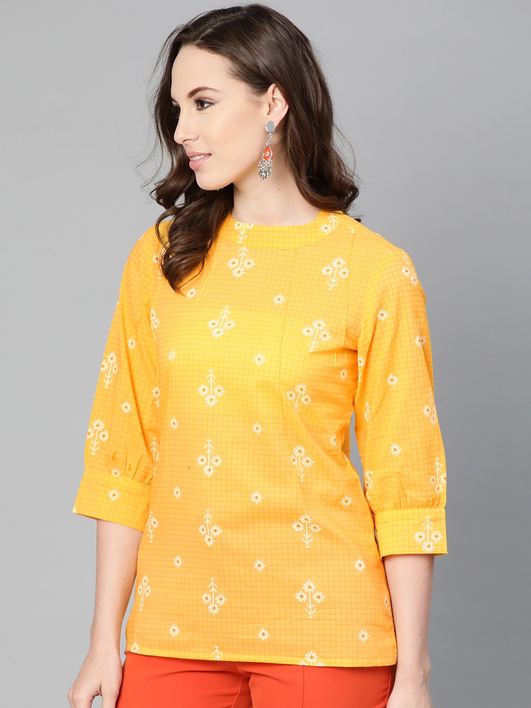 Yellow Floral & Checks Printed A-Line Top | LASVINI - Redefining Indian Fashion with Elegance
