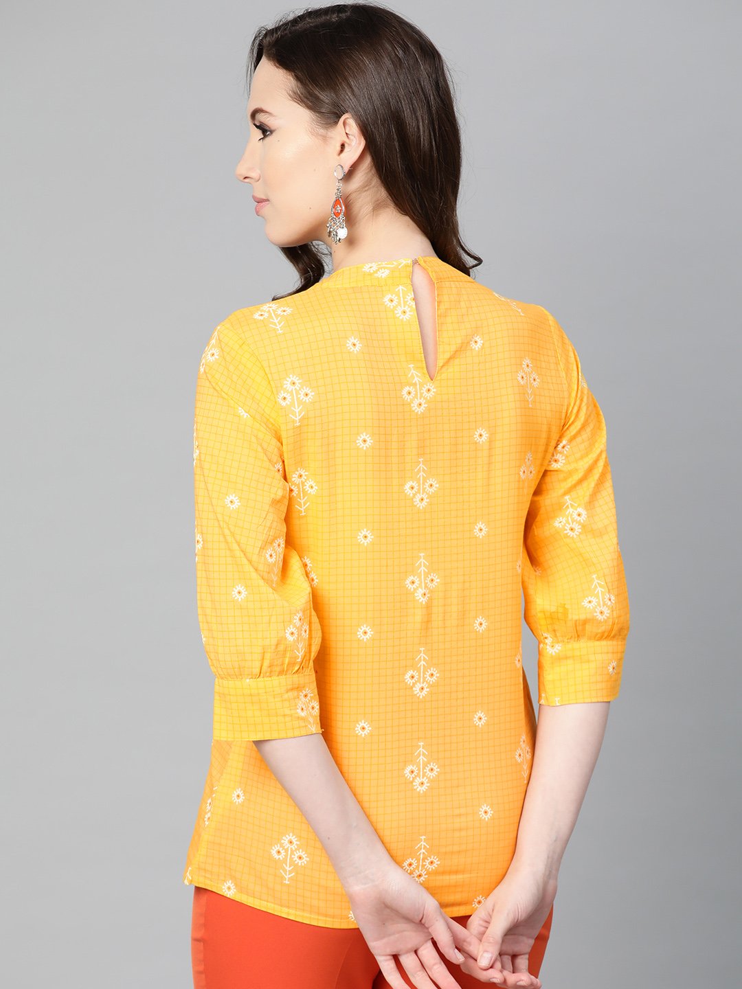 Yellow Floral & Checks Printed A-Line Top | LASVINI - Redefining Indian Fashion with Elegance