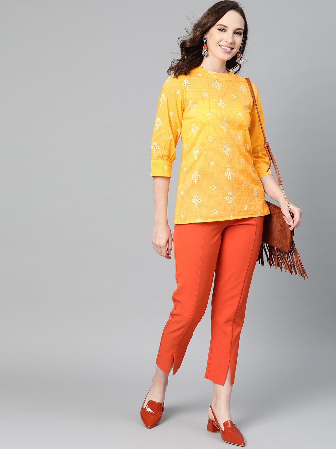 Yellow Floral & Checks Printed A-Line Top | LASVINI - Redefining Indian Fashion with Elegance