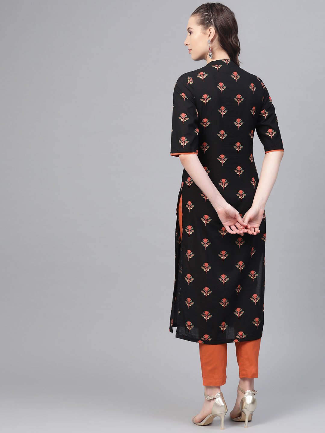 Black & Rust Orange Multi Floral Printed Kurta & Solid Pants | LASVINI - Redefining Indian Fashion with Elegance