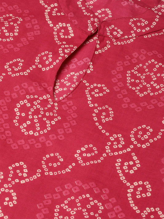 Red Bandhani Printed Kurta With Solid Cream Pants | LASVINI - Redefining Indian Fashion with Elegance