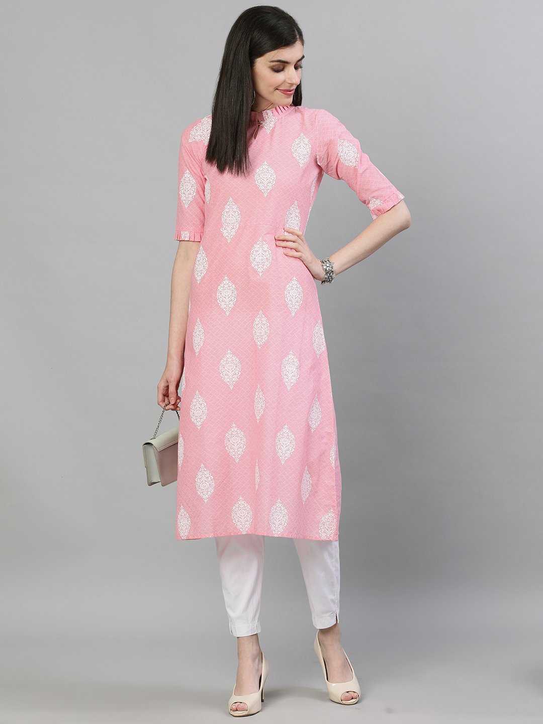 Women Pink & White Printed Straight Kurta | LASVINI - Redefining Indian Fashion with Elegance