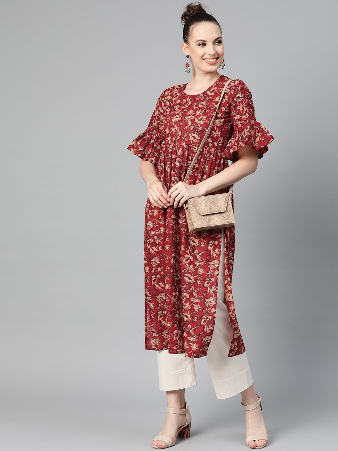 Maroon & Beige Printed A-Line Kurta With Round Flared Sleeves | LASVINI - Redefining Indian Fashion with Elegance