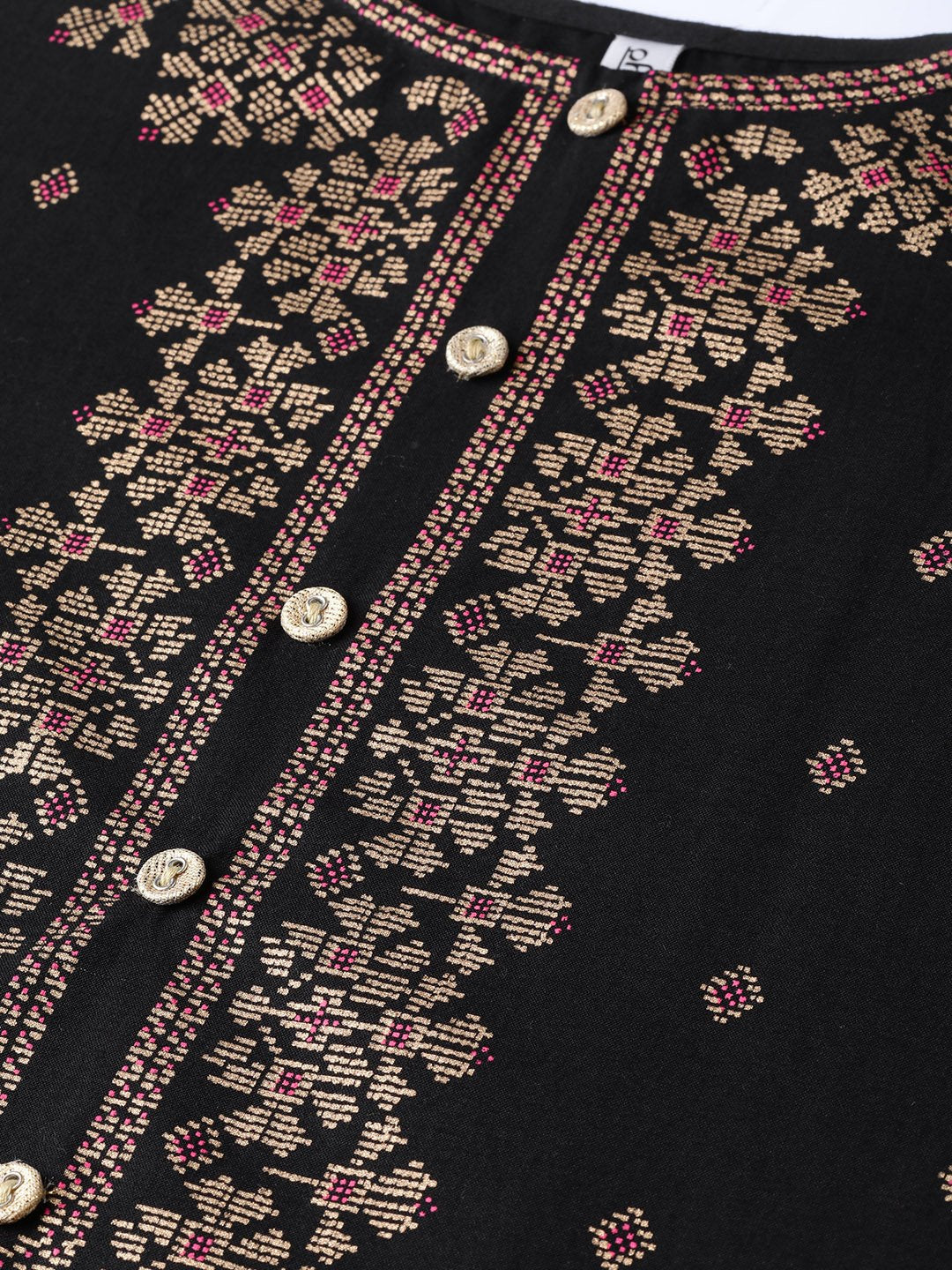 Black & Gold Geometric Printed Kurta With Round Neck & 3/4 Sleeves | LASVINI - Redefining Indian Fashion with Elegance
