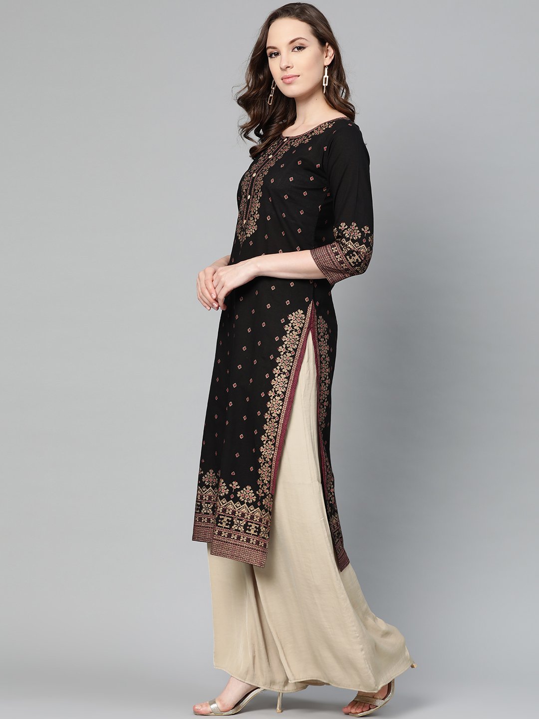 Black & Gold Geometric Printed Kurta With Round Neck & 3/4 Sleeves | LASVINI - Redefining Indian Fashion with Elegance