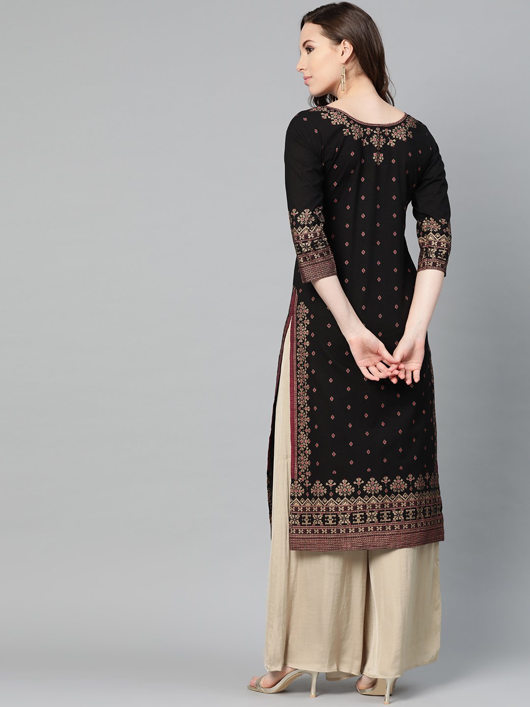 Black & Gold Geometric Printed Kurta With Round Neck & 3/4 Sleeves | LASVINI - Redefining Indian Fashion with Elegance