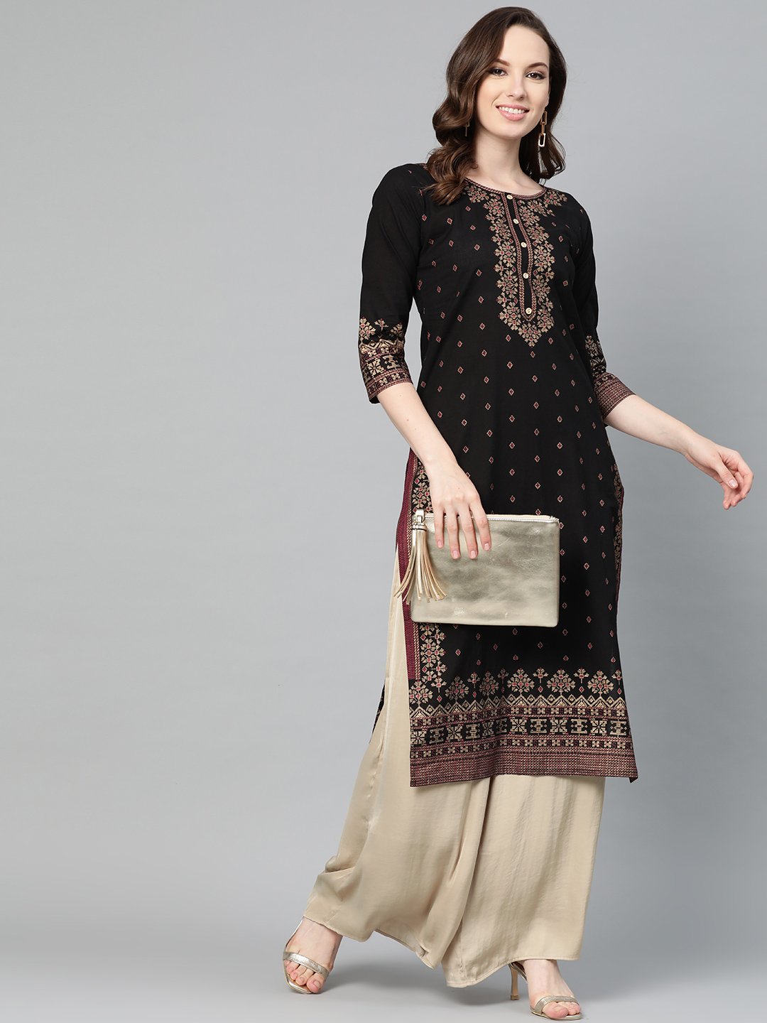 Black & Gold Geometric Printed Kurta With Round Neck & 3/4 Sleeves | LASVINI - Redefining Indian Fashion with Elegance