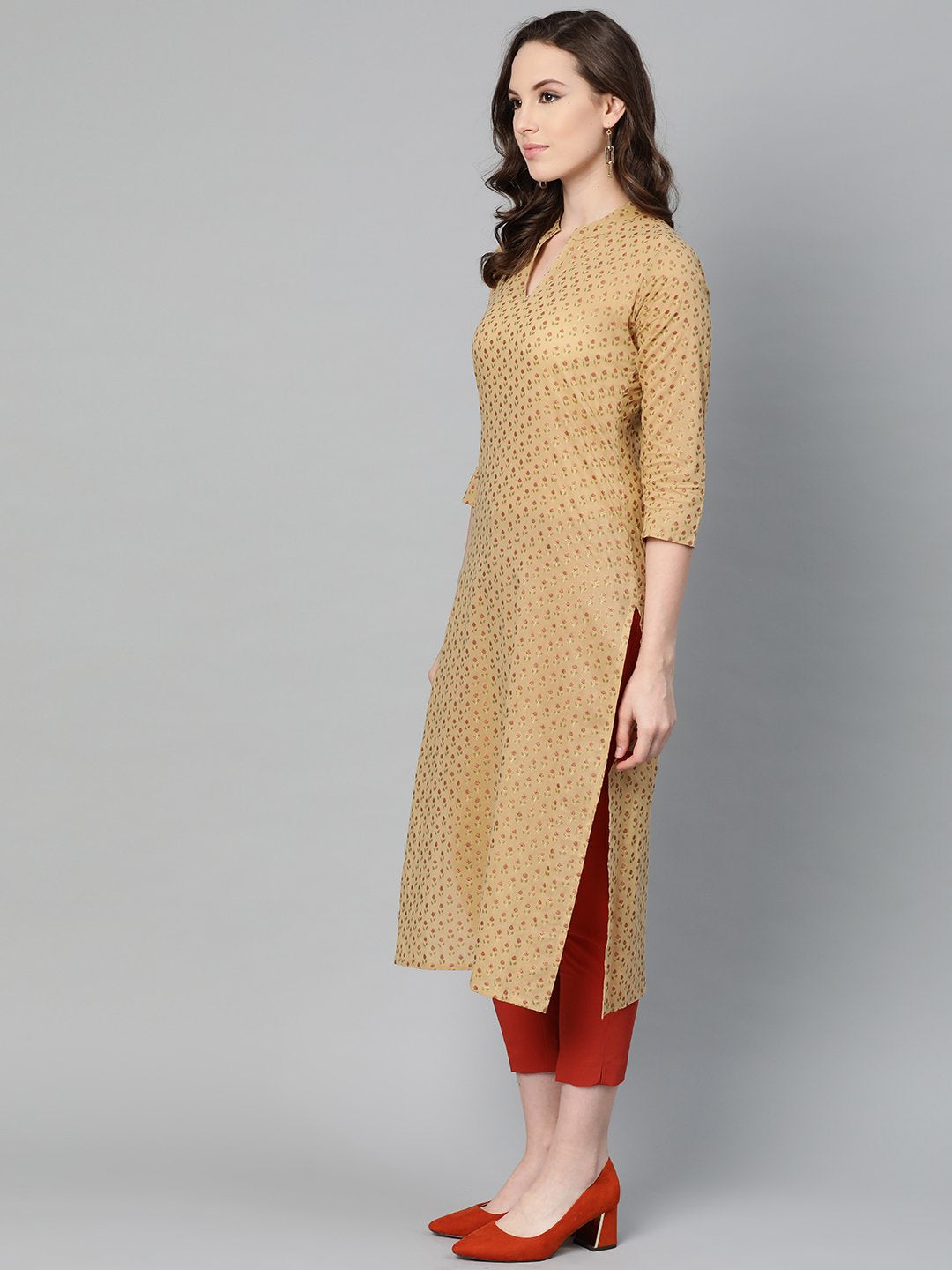 Yellow Printed Straight Kurta With Mandarin Collar With 3/4 Sleeves | LASVINI - Redefining Indian Fashion with Elegance