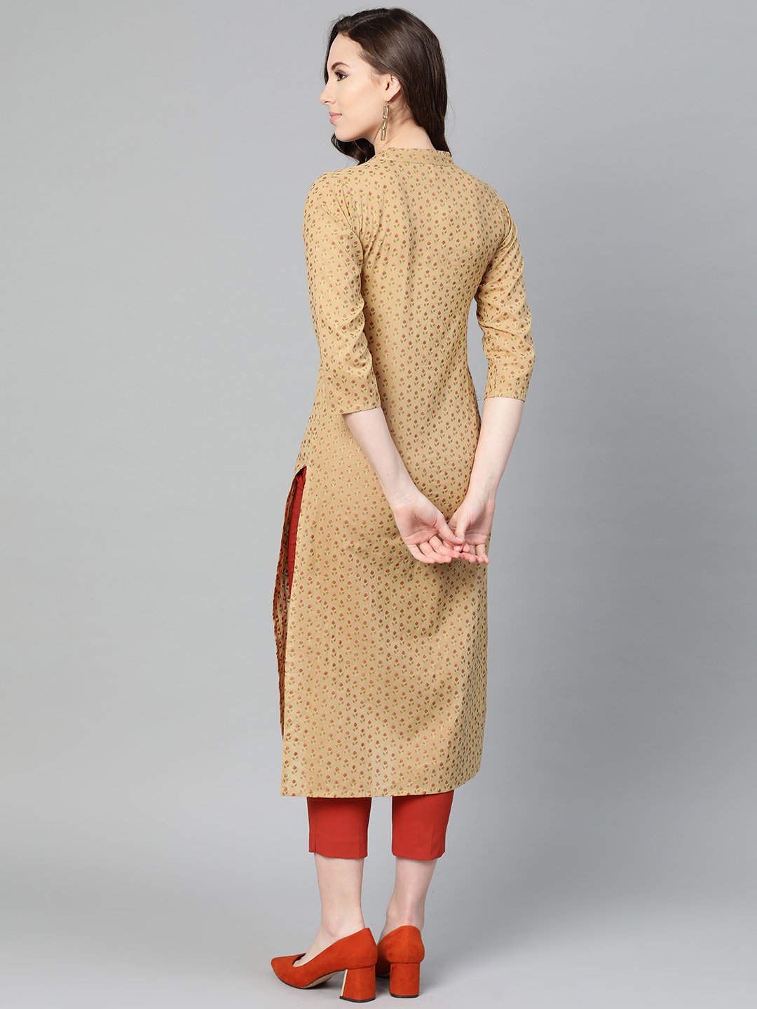 Yellow Printed Straight Kurta With Mandarin Collar With 3/4 Sleeves | LASVINI - Redefining Indian Fashion with Elegance