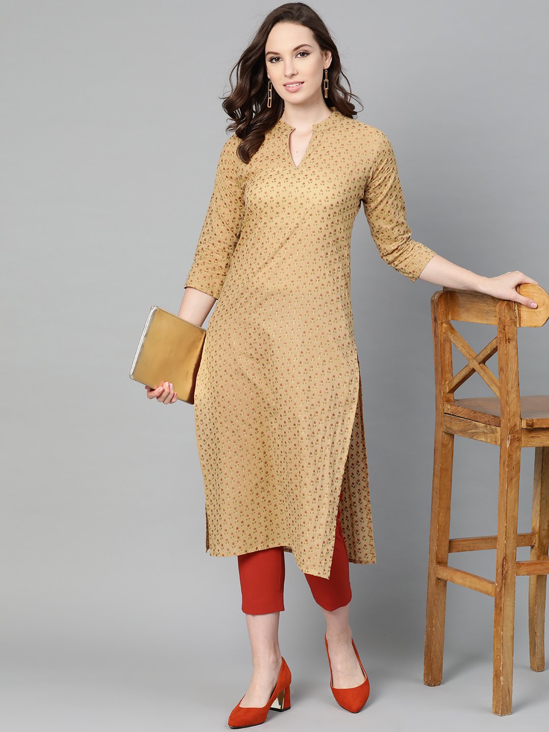 Yellow Printed Straight Kurta With Mandarin Collar With 3/4 Sleeves | LASVINI - Redefining Indian Fashion with Elegance