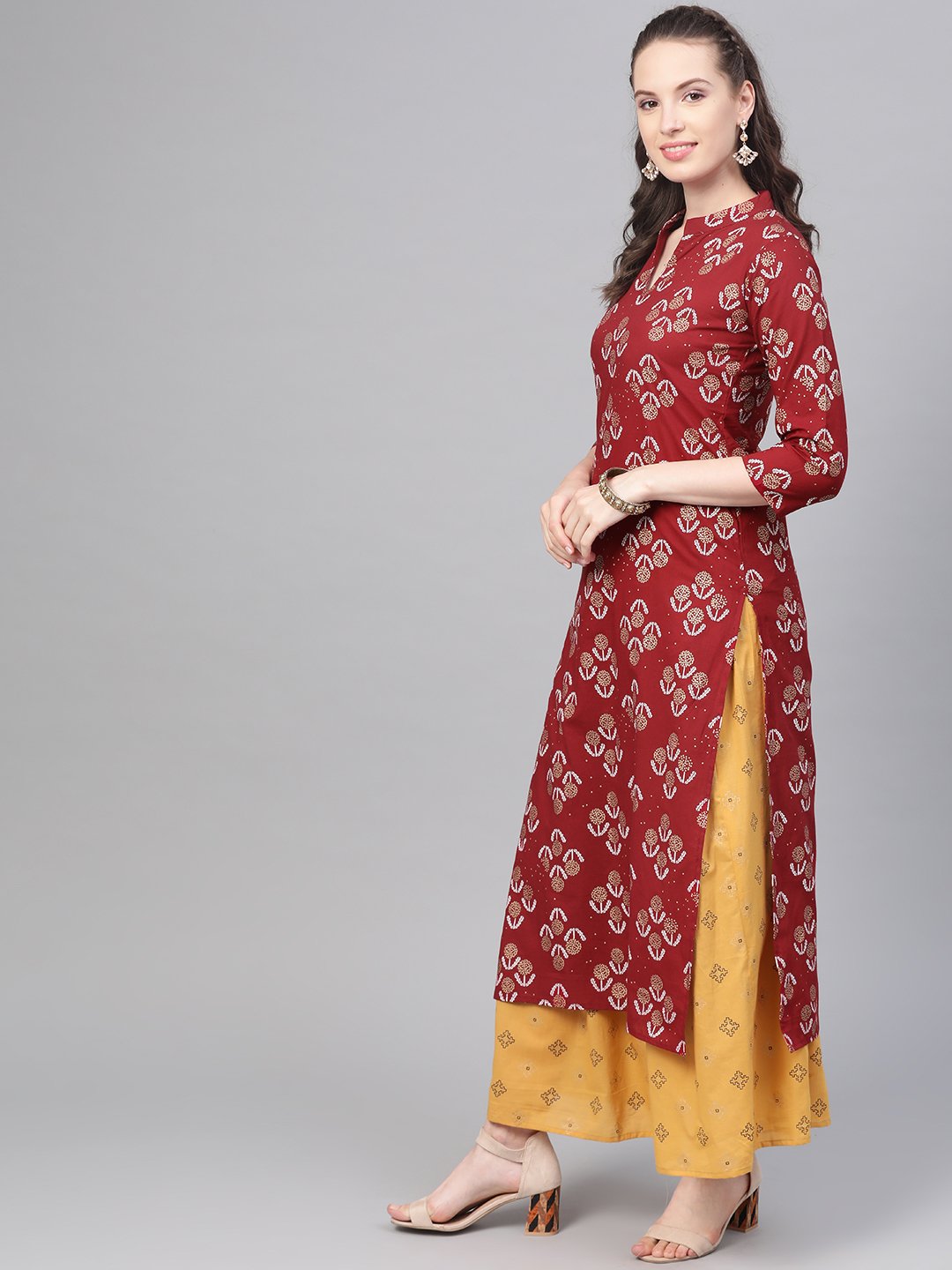 Berry Red & Mustard Yellow Gold Printed Kurta Set With Skirt | LASVINI - Redefining Indian Fashion with Elegance