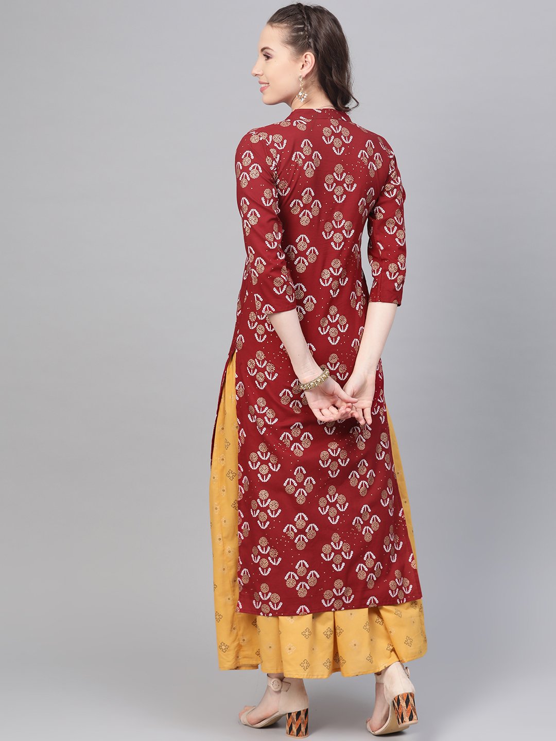 Berry Red & Mustard Yellow Gold Printed Kurta Set With Skirt | LASVINI - Redefining Indian Fashion with Elegance