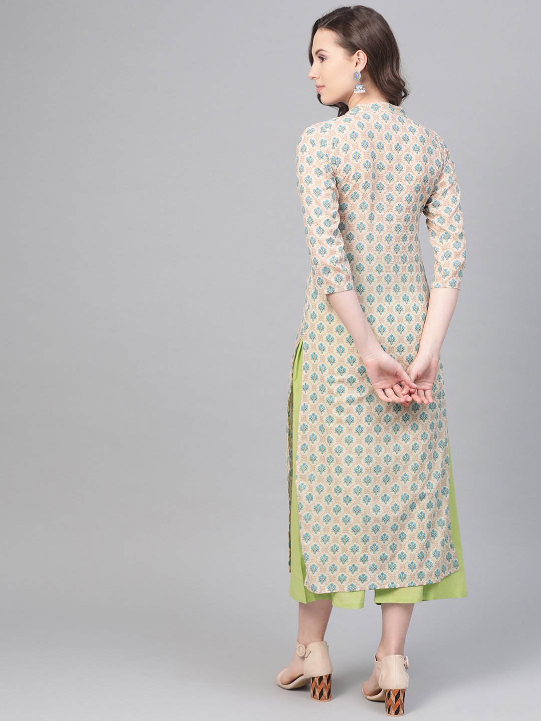 Cream Printed Kurta Set With Solid Green Pant | LASVINI - Redefining Indian Fashion with Elegance