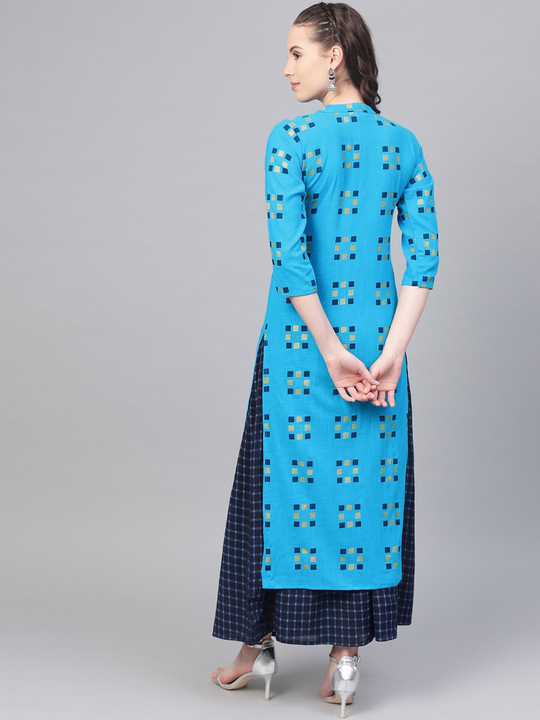 Blue And Beige Printed Kurta Set With Printed Skirt | LASVINI - Redefining Indian Fashion with Elegance