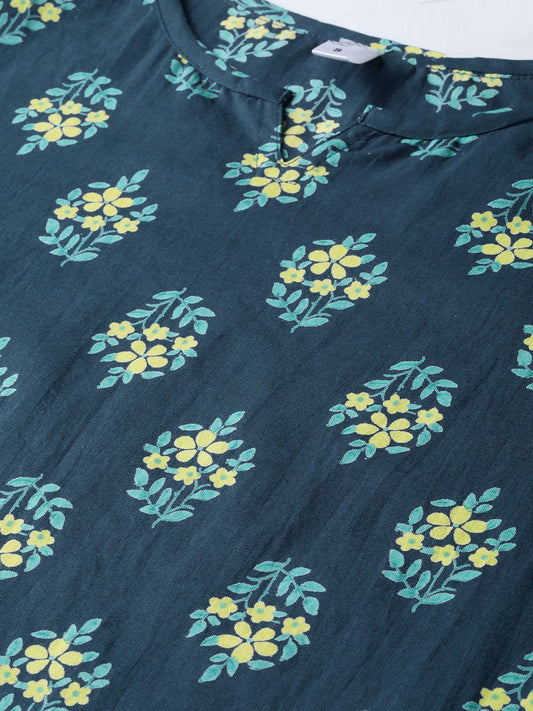 Teal Green & Lime Green Floral Printed Kurta Set With Skirt | LASVINI - Redefining Indian Fashion with Elegance