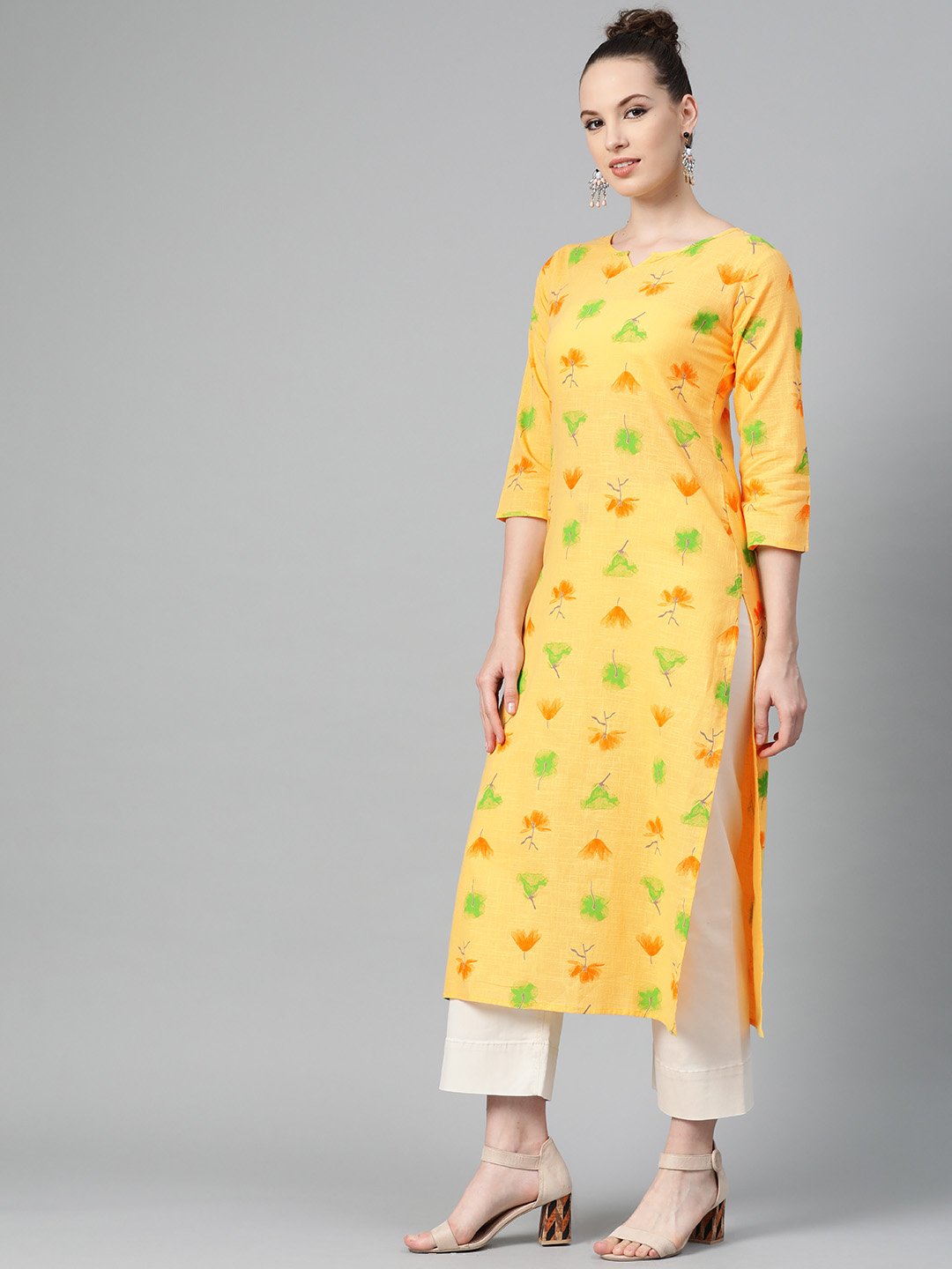 Yellow Multi Colored Printed Kurta With Round Neck With V & 3/4 Sleeves | LASVINI - Redefining Indian Fashion with Elegance