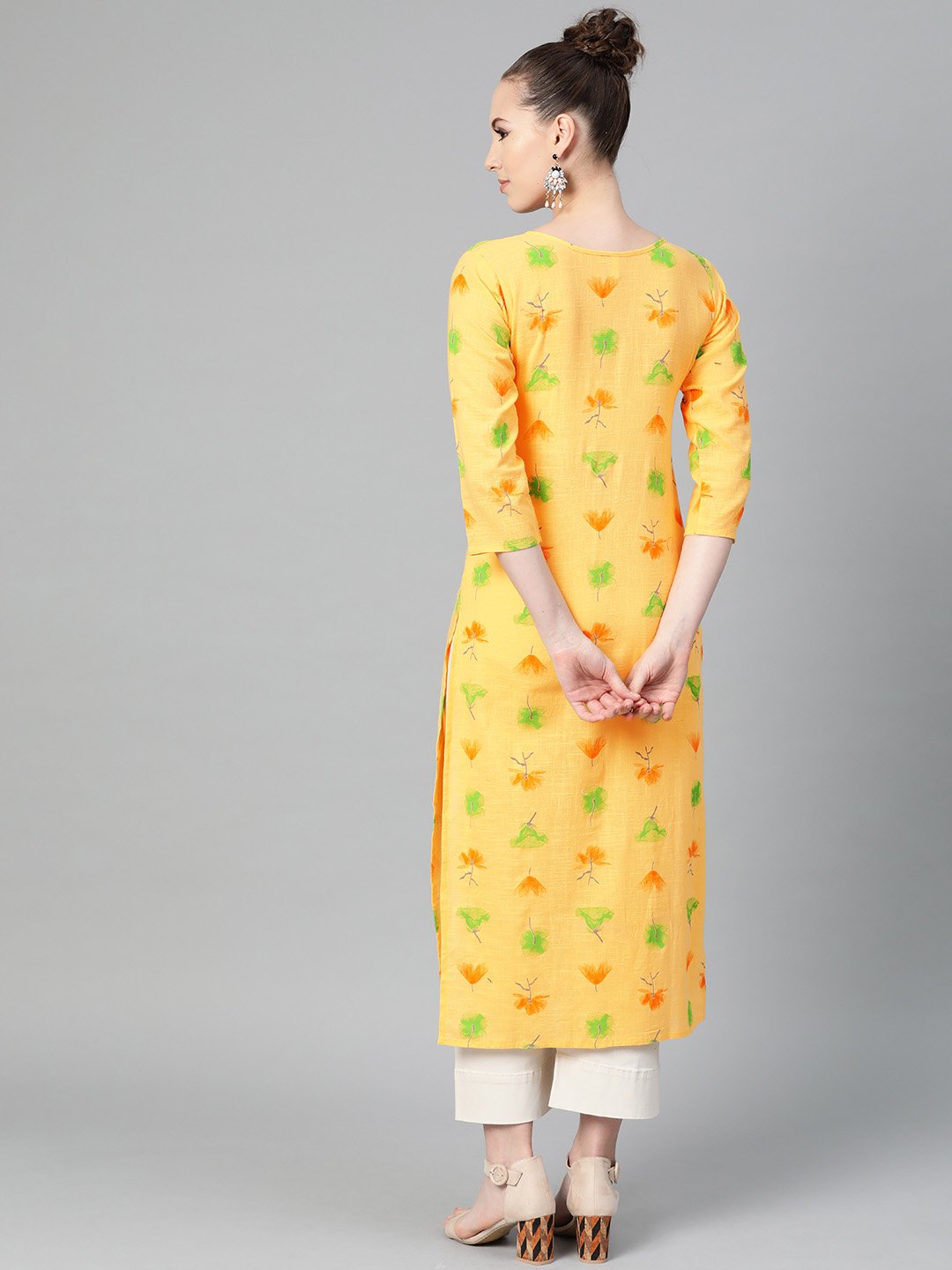Yellow Multi Colored Printed Kurta With Round Neck With V & 3/4 Sleeves | LASVINI - Redefining Indian Fashion with Elegance