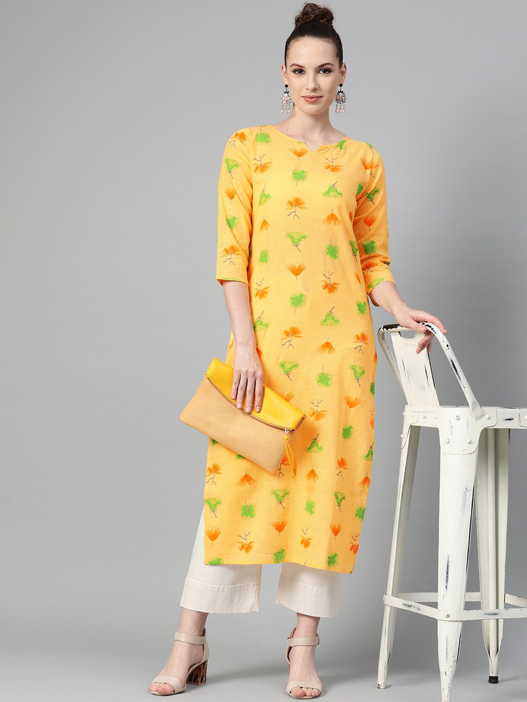 Yellow Multi Colored Printed Kurta With Round Neck With V & 3/4 Sleeves | LASVINI - Redefining Indian Fashion with Elegance