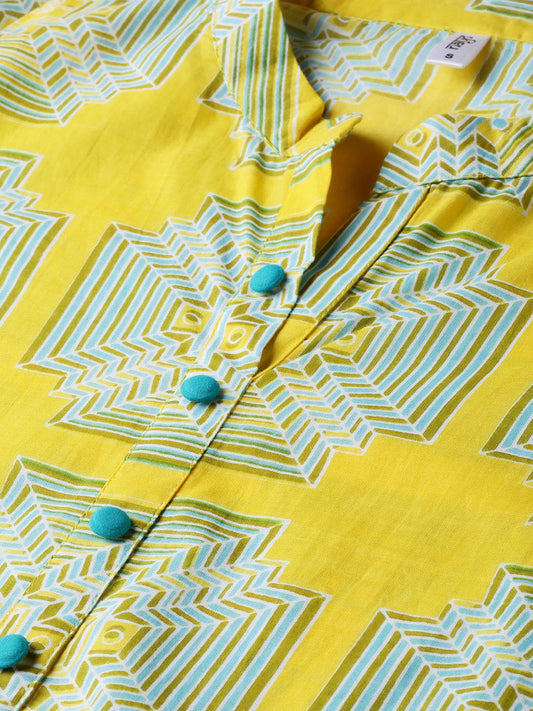 Mustard Printed Straight Cotton Kurta Set With Blue Pant | LASVINI - Redefining Indian Fashion with Elegance