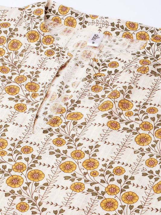 Cream & Yellow Gold Floral Printed Kurta Set With Skirt | LASVINI - Redefining Indian Fashion with Elegance