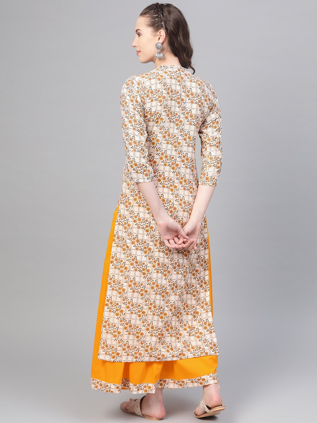 Cream & Yellow Gold Floral Printed Kurta Set With Skirt | LASVINI - Redefining Indian Fashion with Elegance