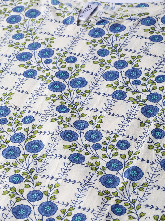 Off-White & Blue Gold Floral Printed Kurta Set With Skirt | LASVINI - Redefining Indian Fashion with Elegance
