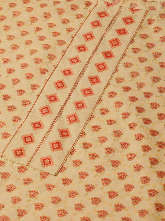 Beige Printed Straight Kurta With Round Neck With 3/4 Sleeves | LASVINI - Redefining Indian Fashion with Elegance