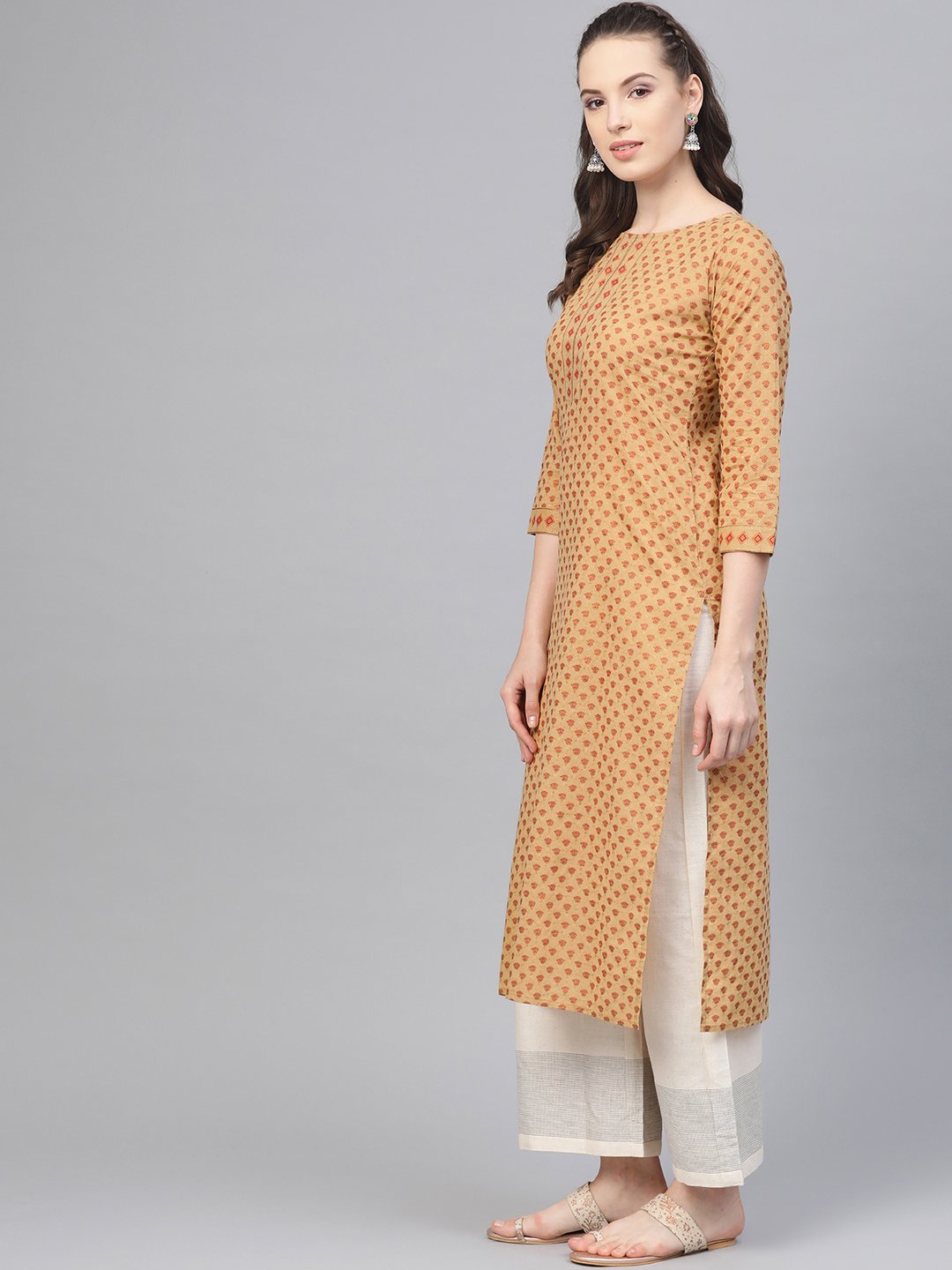 Beige Printed Straight Kurta With Round Neck With 3/4 Sleeves | LASVINI - Redefining Indian Fashion with Elegance