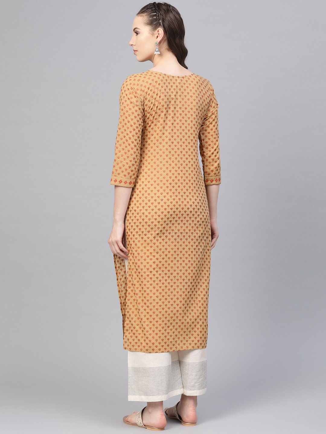 Beige Printed Straight Kurta With Round Neck With 3/4 Sleeves | LASVINI - Redefining Indian Fashion with Elegance