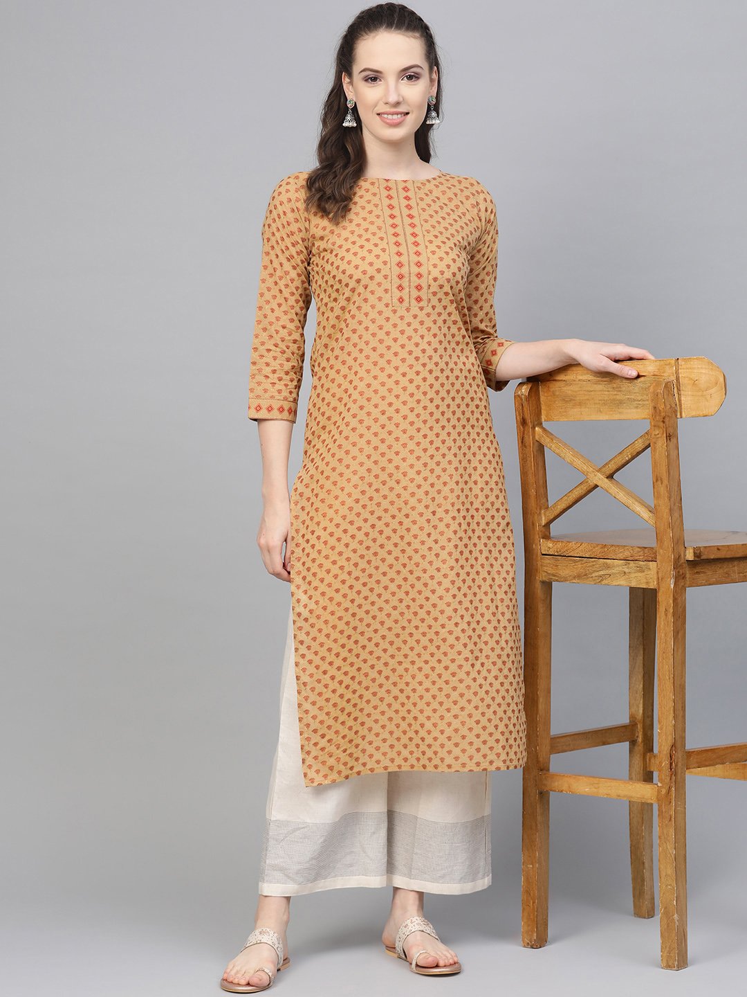 Beige Printed Straight Kurta With Round Neck With 3/4 Sleeves | LASVINI - Redefining Indian Fashion with Elegance
