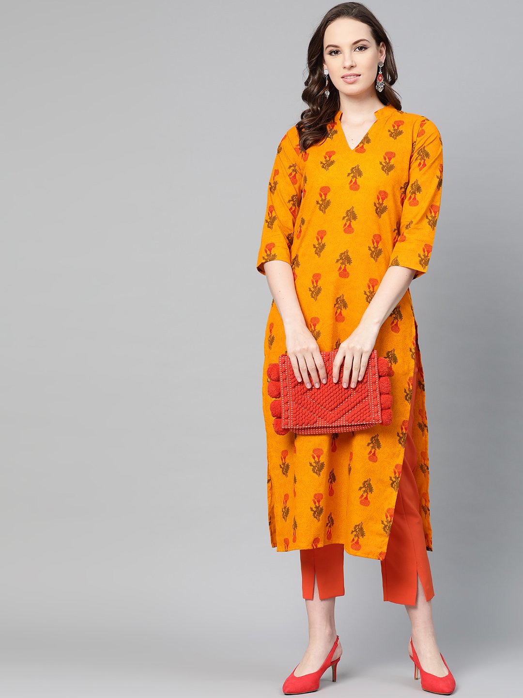 Mustard Printed Straight Kurta With Mandarin Collar & 3/4 Sleeves | LASVINI - Redefining Indian Fashion with Elegance