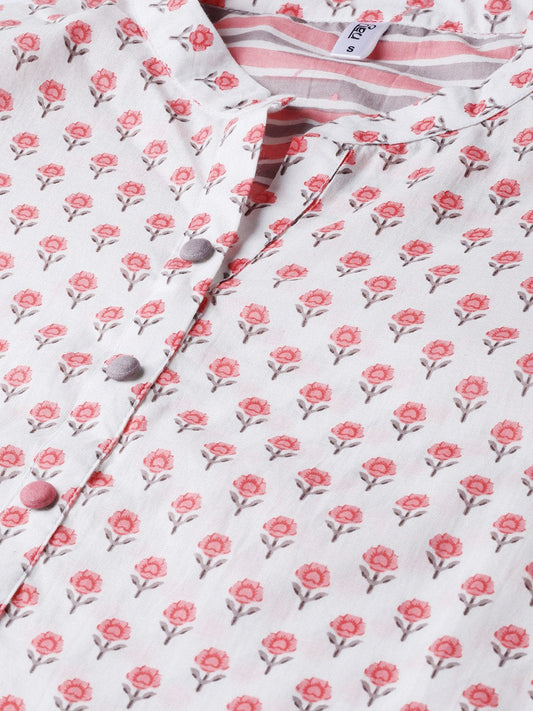 Off White & Pink Floral Printed Kurta Set With Striped Pallazo | LASVINI - Redefining Indian Fashion with Elegance