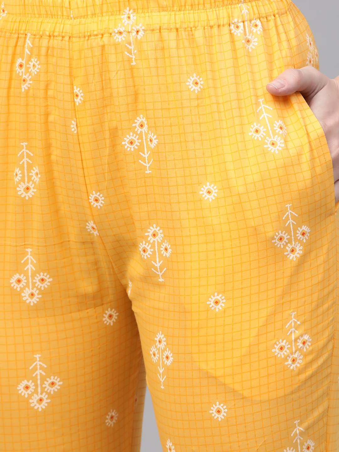 Yellow Checks & Floral Multi Printed Kurta Set With Pants | LASVINI - Redefining Indian Fashion with Elegance