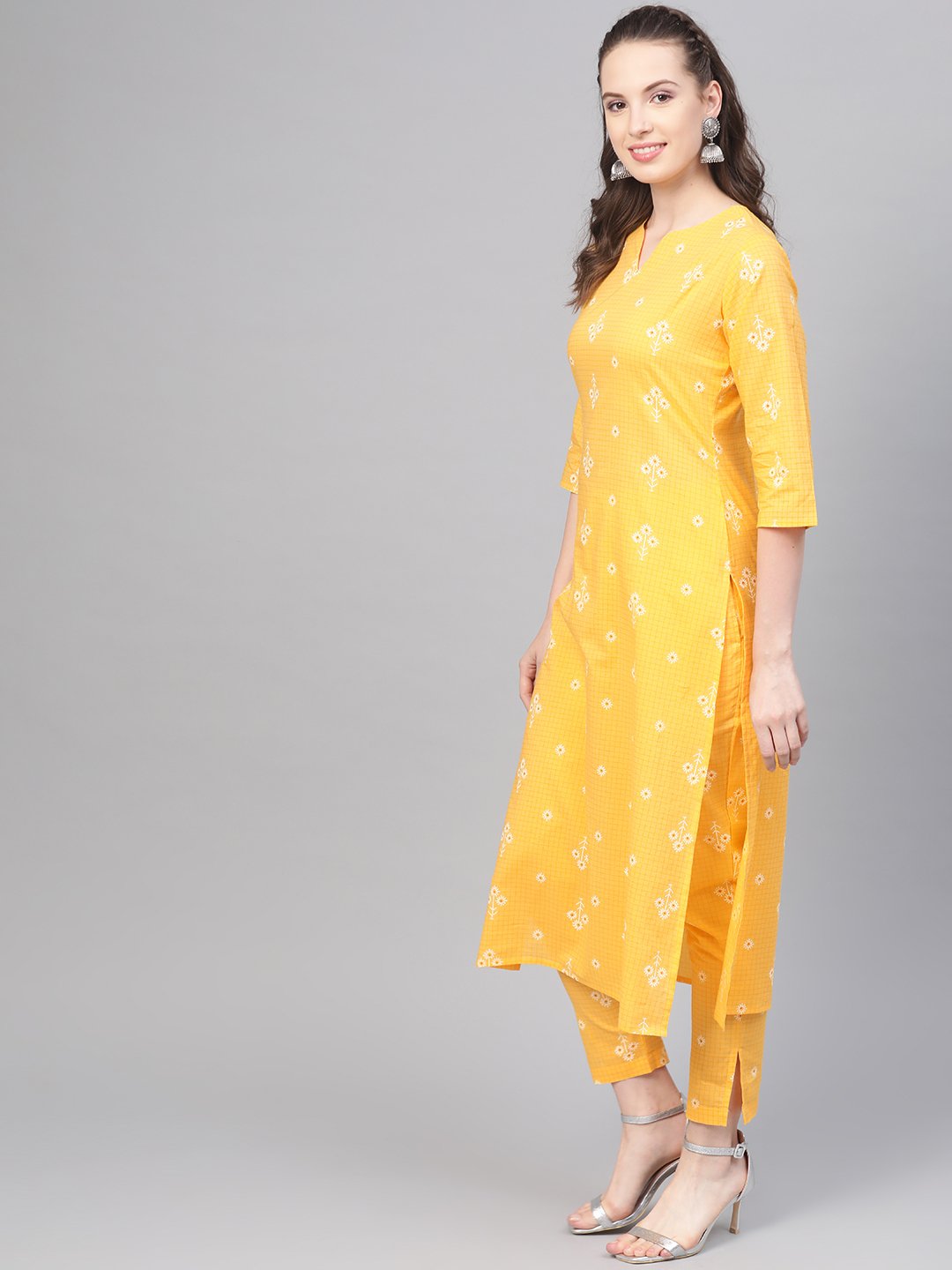 Yellow Checks & Floral Multi Printed Kurta Set With Pants | LASVINI - Redefining Indian Fashion with Elegance