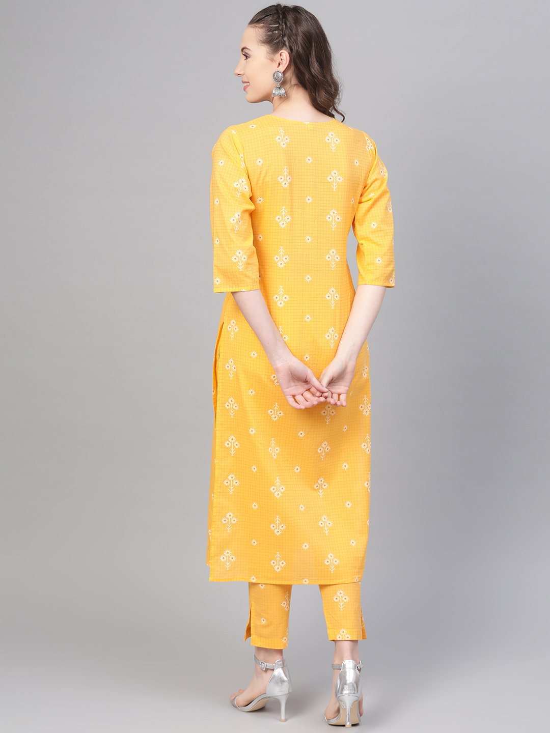 Yellow Checks & Floral Multi Printed Kurta Set With Pants | LASVINI - Redefining Indian Fashion with Elegance