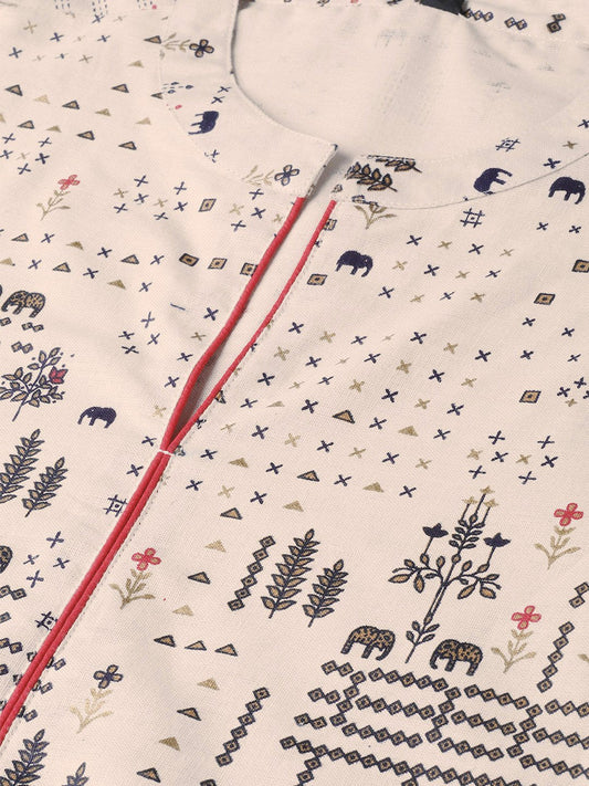 Beige And Black Printed A-Line Cotton Kurta | LASVINI - Redefining Indian Fashion with Elegance