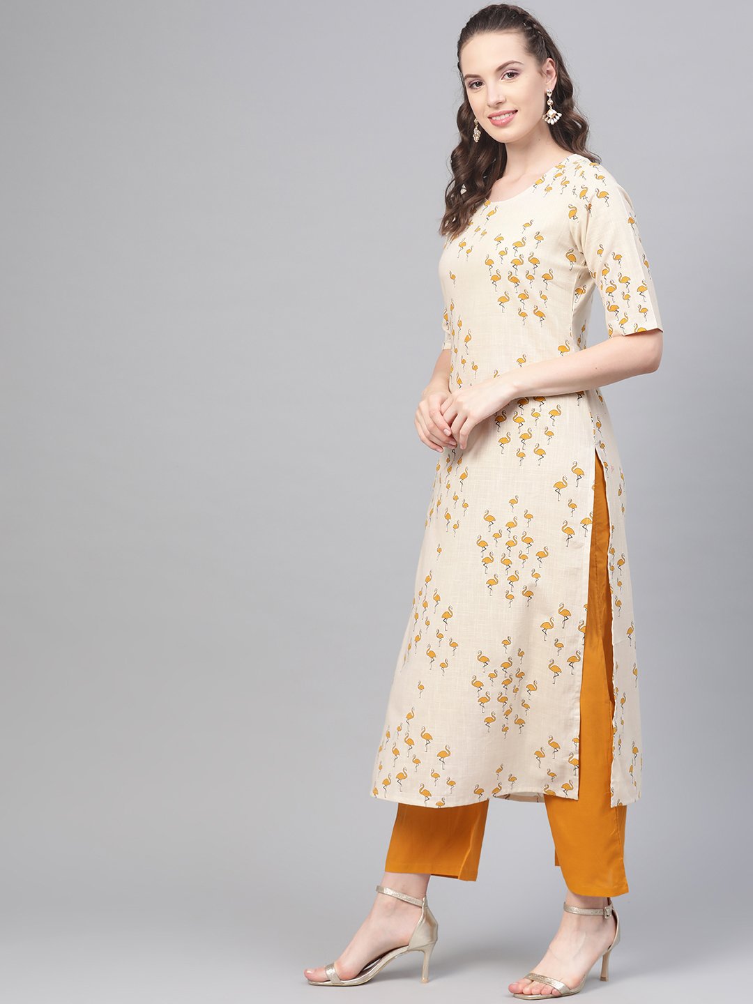 Mustard & Off White Printed Kurta Set With Palazzo & Dupatta | LASVINI - Redefining Indian Fashion with Elegance