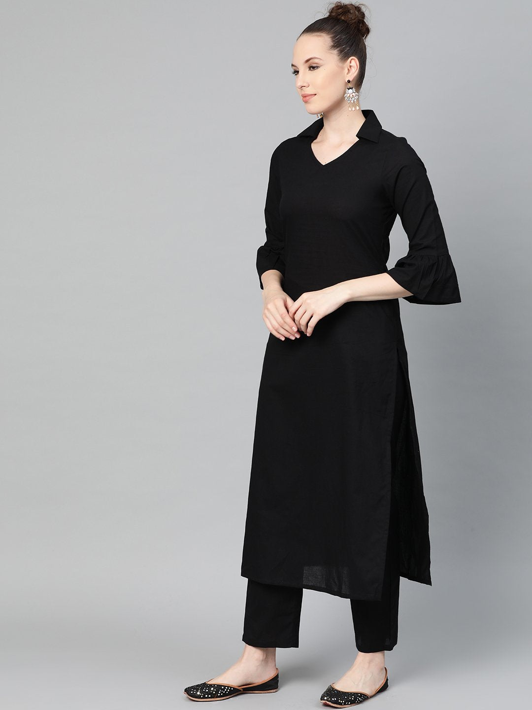 Solid Black Kurta & Pallazo With Grey & Black Chevron Printed Dupatta | LASVINI - Redefining Indian Fashion with Elegance