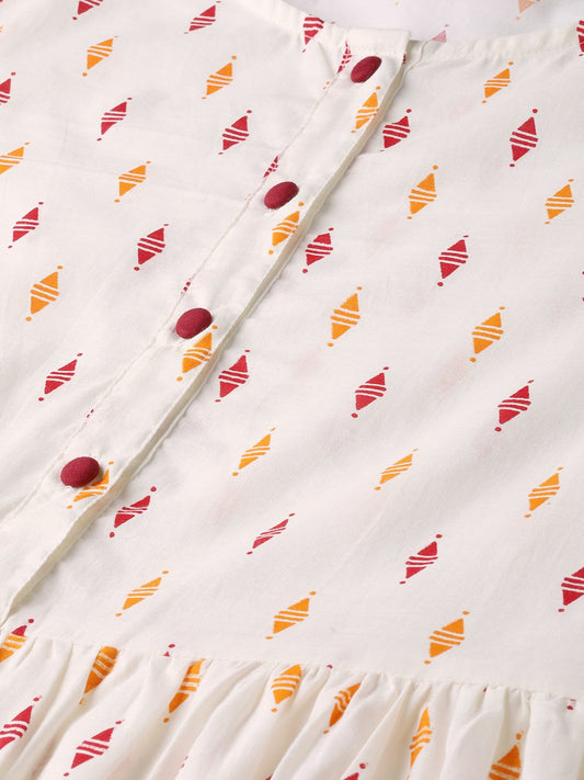 Off-White Multi Colored Geometric Printed Maxi Dress With Front Placket & Half Sleeves | LASVINI - Redefining Indian Fashion with Elegance