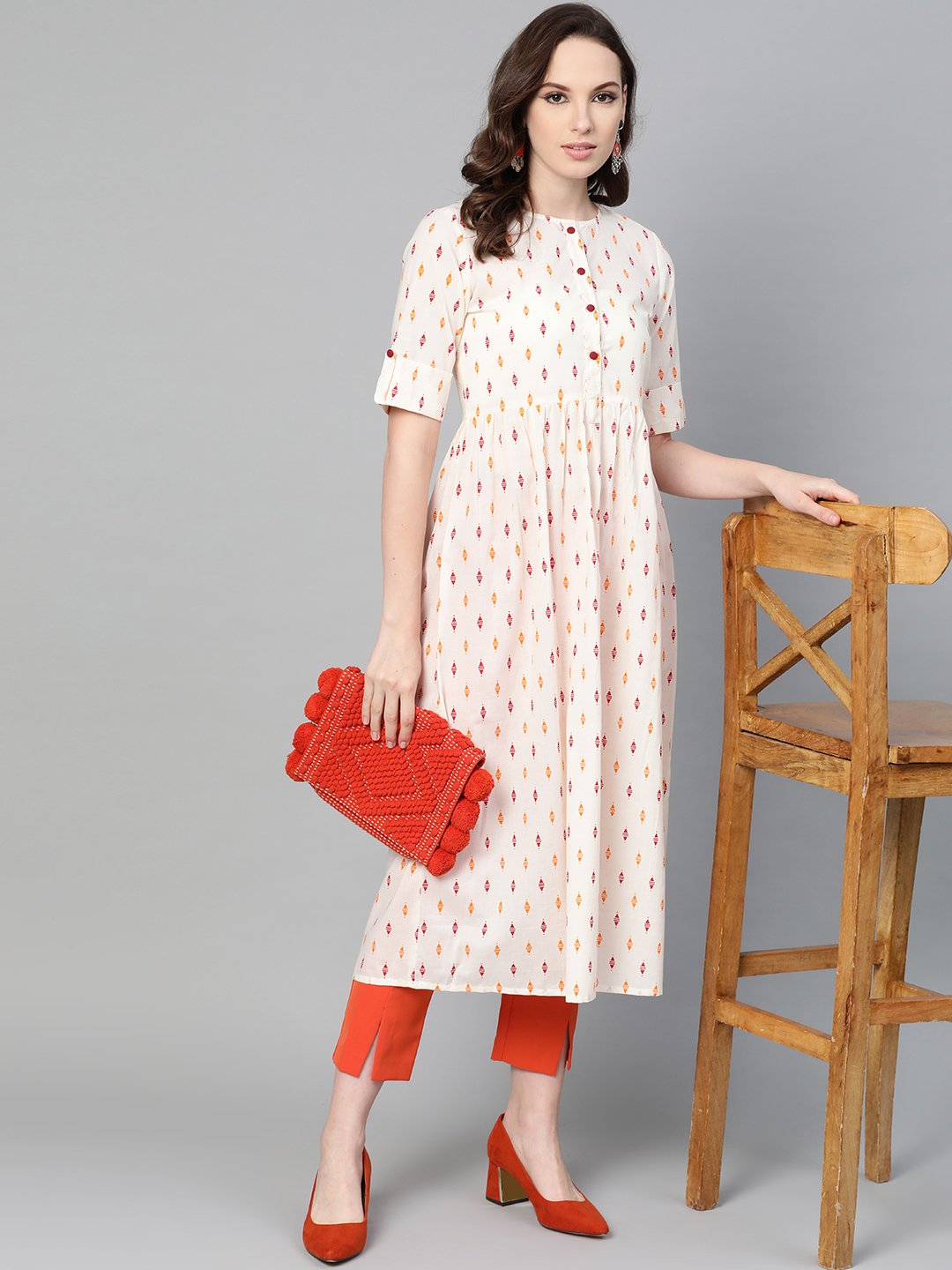 Off-White Multi Colored Geometric Printed Maxi Dress With Front Placket & Half Sleeves | LASVINI - Redefining Indian Fashion with Elegance